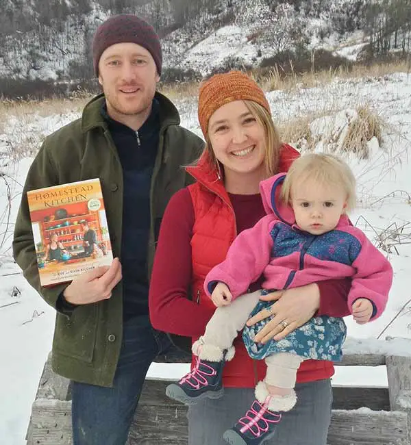 Beautiful family picture of Eivin Kilcher with his wife Eve Kilcher and baby child giving details about their book 'Homestead Kitchen'
