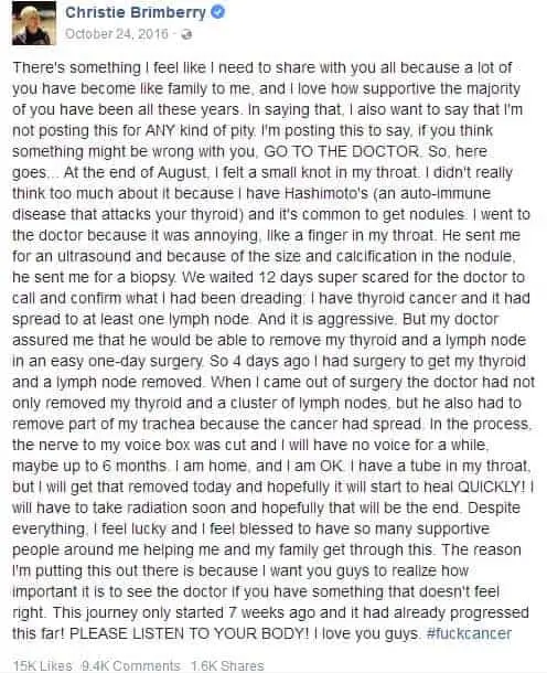 Christie Brimberry Facebook post about her cancer details