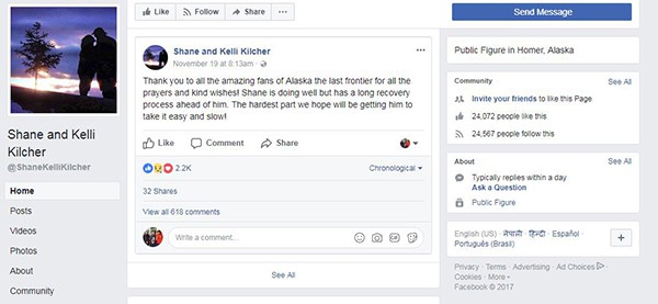 Shane and Kelli Kilcher's facebook status about Shane Kilcher health