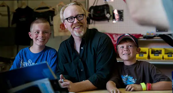 Image of Adam Savage with his children Riley and Addison Savage