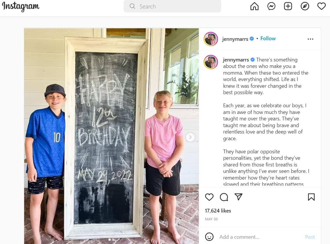 Image of Jenny Marrs' post in Instagram of her twin sons' birthday celebration