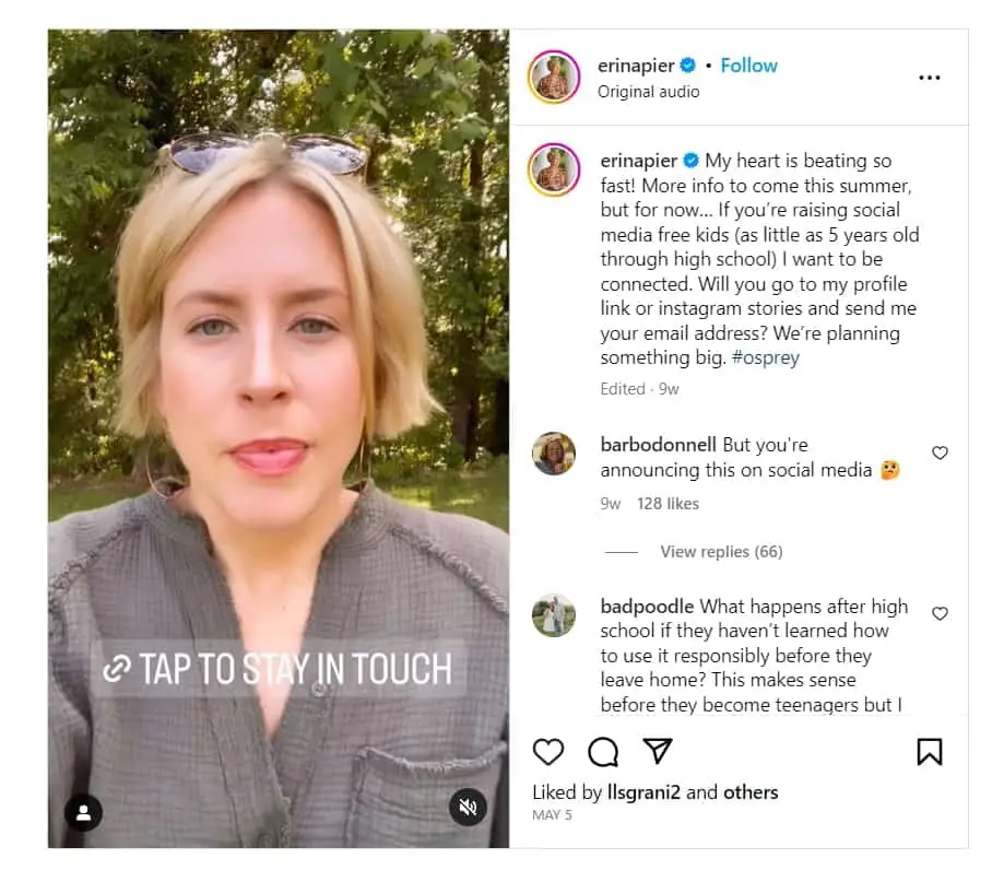 Image of Erin Napier's Instagram post about the Osprey launch
