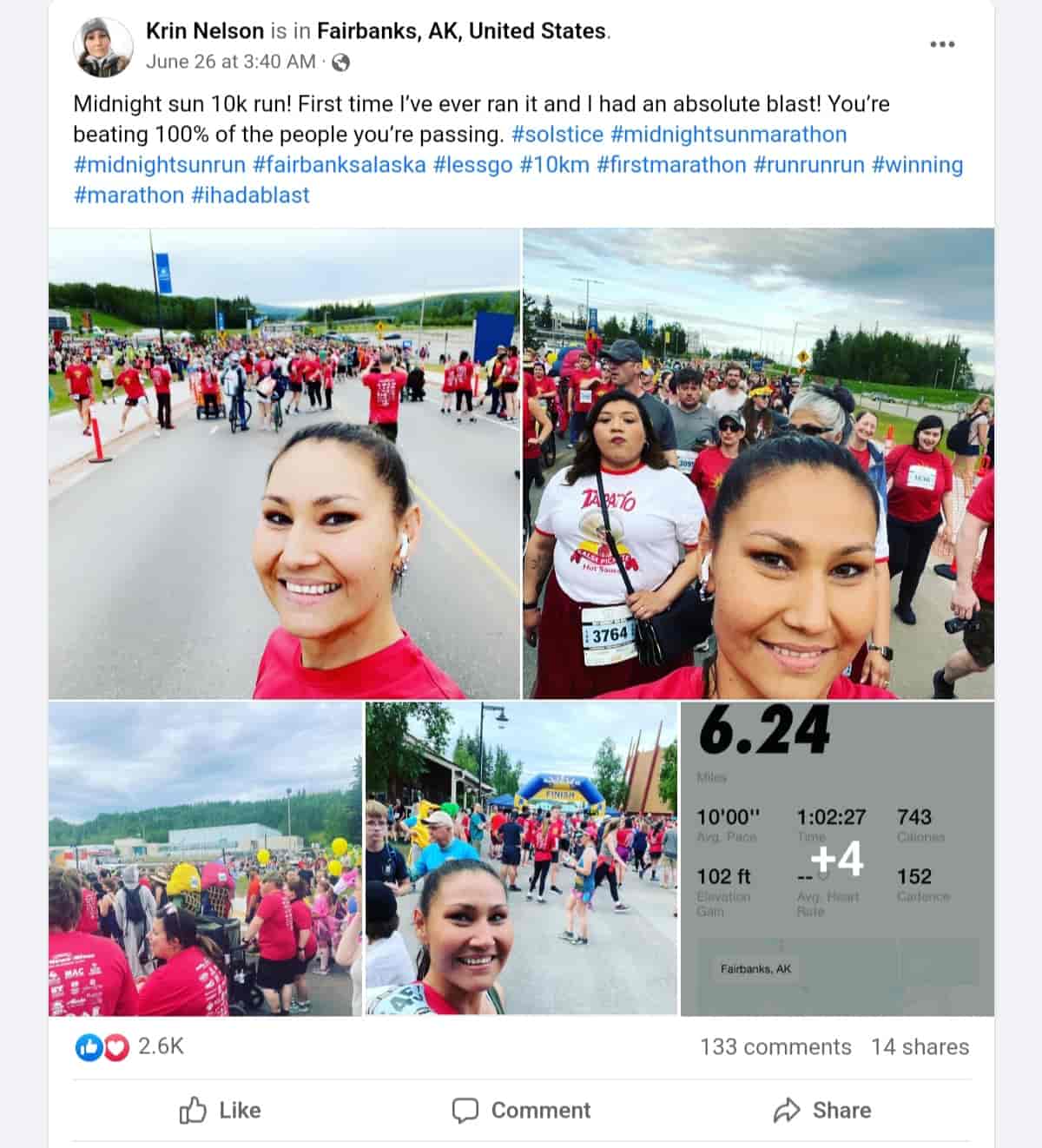 Image of Krin Nelson's Facebook post when she competed on a Marathon 